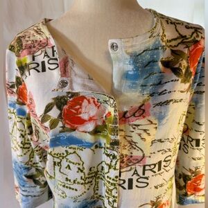 Onque Casuals printed Paris themed button down / Cardigan/ sweater Medium